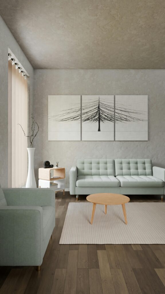 Sleek modern living room with minimalist decor, clean lines, and neutral tones.